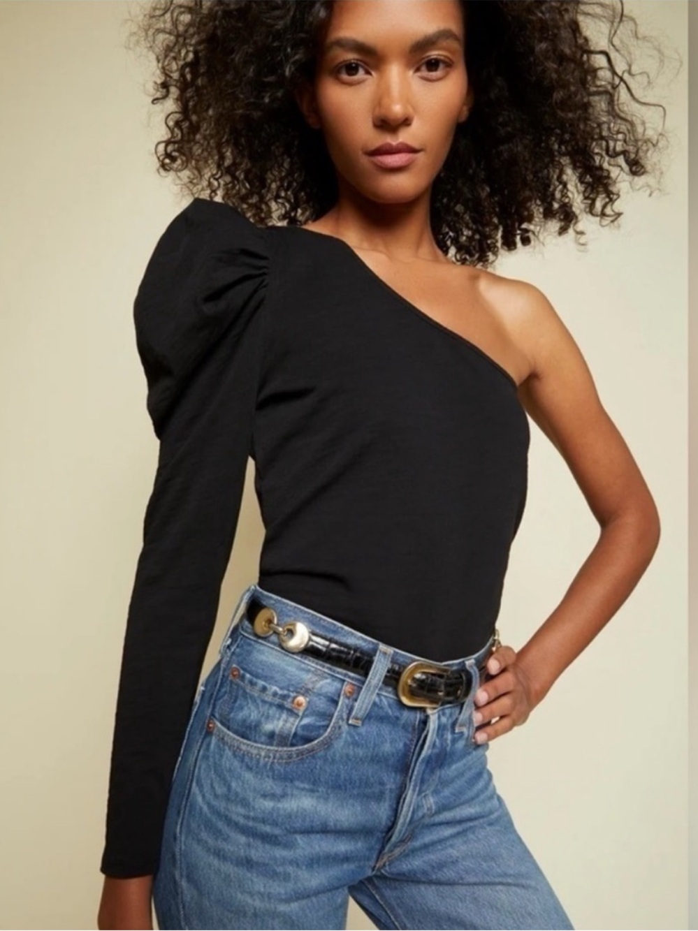 Nation LTD Black One-Shoulder Puff-Sleeve Top